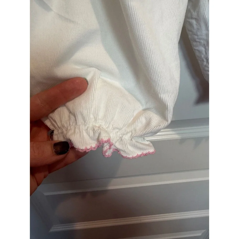 8.Petit Bebe White Corduroy Smocked Rosebud Bubble Romper 6M Pink Blue Trim